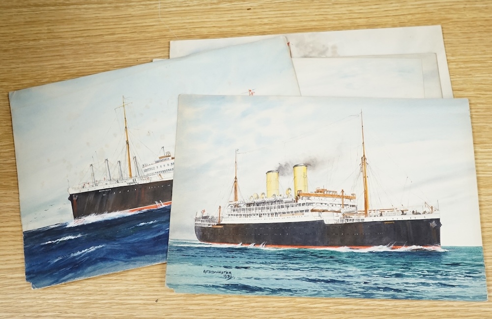 A F D Bannister, set of six original watercolours for postcard designs, Ocean going vessels to include Otranto, Orient Line, Highland Monarch Royal Mail Line and Arandora Star Blue Star Line, each with original pencil in